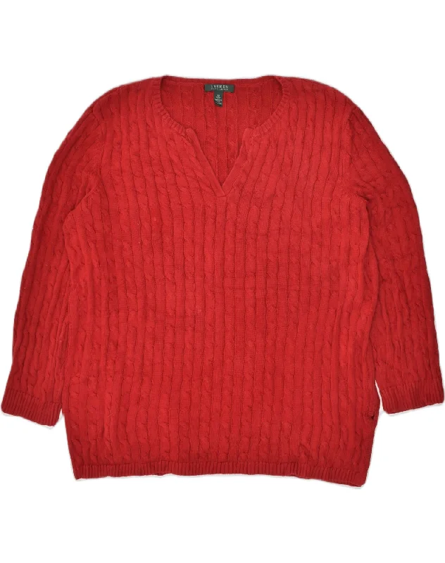 RALPH LAUREN Womens V-Neck Jumper Sweater UK 22 3XL Red Cotton Thin Thick Dense