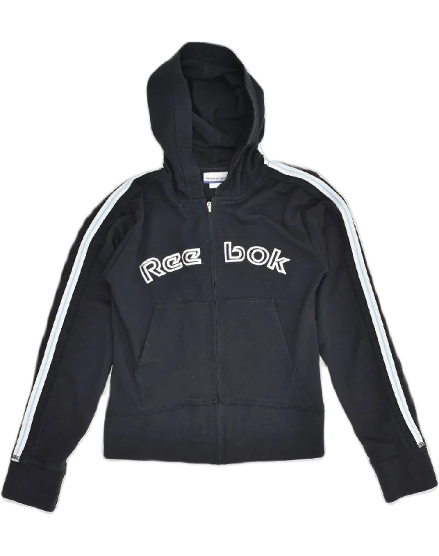 REEBOK Womens Graphic Zip Hoodie Sweater UK 12 Medium Black Polyester Welt Pockets Slit Pockets Flap Pockets REEBOK Womens Graphic Zip Hoodie Sweater UK 12 Medium Black Polyester Welt Pockets Slit Pockets Flap Pockets