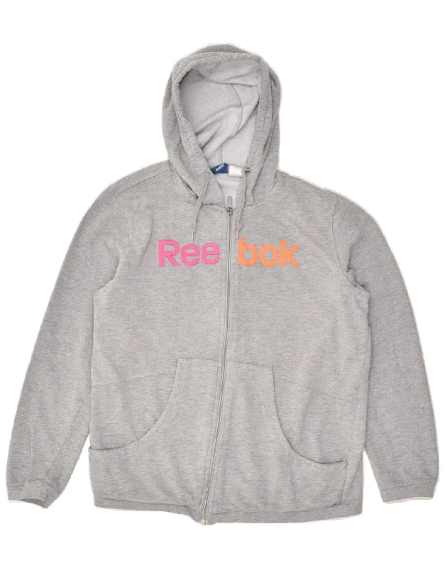 REEBOK Womens Graphic Zip Hoodie Sweater UK 20-22 XL Grey Cotton