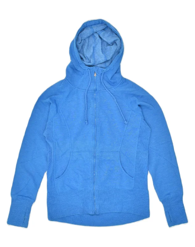 REEBOK Womens Zip Hoodie Sweater UK 14 Medium Blue Cotton Glossy Satin Silk