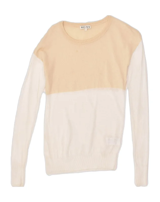 REISS Womens Crew Neck Jumper Sweater UK 10 Small Beige Colourblock