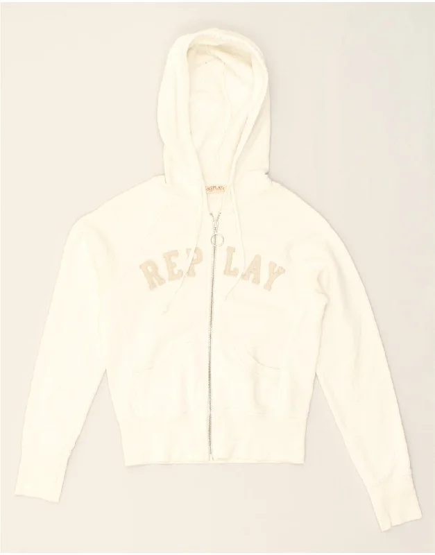 REPLAY Womens Graphic Zip Hoodie Sweater UK 8 Small Off White Cotton