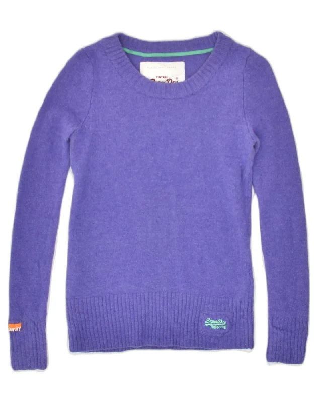 SUPERDRY Womens Boat Neck Jumper Sweater UK 10 Small Purple Lambswool Fitted Loose Oversized SUPERDRY Womens Boat Neck Jumper Sweater UK 10 Small Purple Lambswool Fitted Loose Oversized