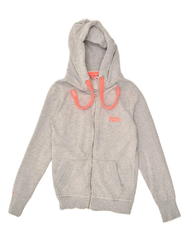 SUPERDRY Womens Zip Hoodie Sweater UK 10 Small Grey Cotton