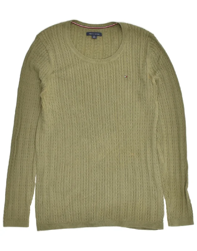 TOMMY HILFIGER Womens Boat Neck Jumper Sweater UK 14 Large Khaki Cotton