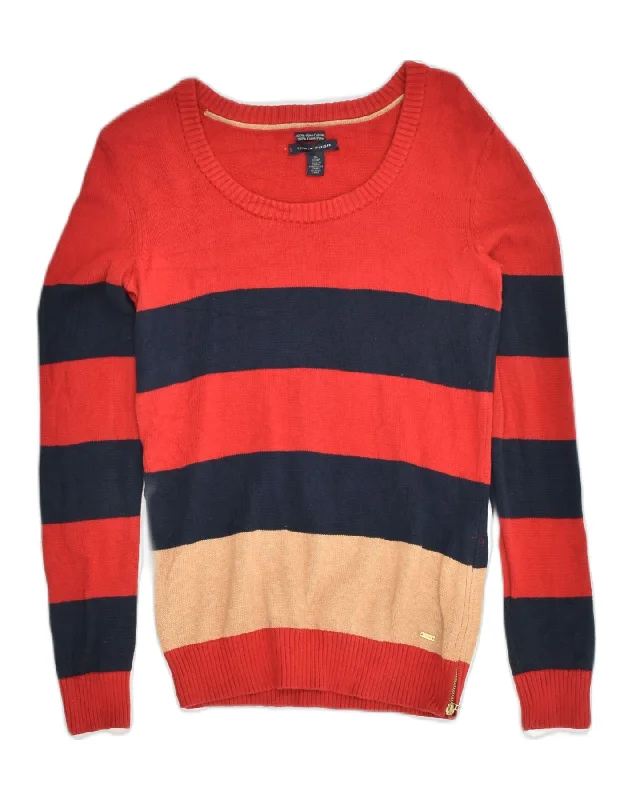 TOMMY HILFIGER Womens Boat Neck Jumper Sweater UK 6 XS Red Striped Cotton Zippered Front Buttoned Front Snap Front TOMMY HILFIGER Womens Boat Neck Jumper Sweater UK 6 XS Red Striped Cotton Zippered Front Buttoned Front Snap Front