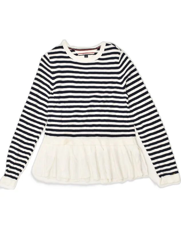 TOMMY HILFIGER Womens Crew Neck Jumper Sweater UK 12 Medium Blue Striped Cashmere Blend Cotton Blend Poly Blend