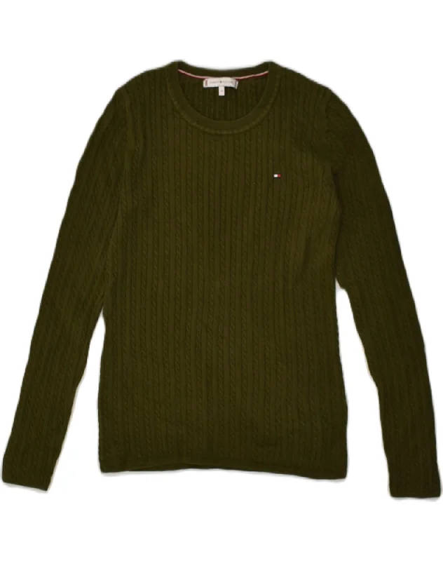 TOMMY HILFIGER Womens Crew Neck Jumper Sweater UK 4 XS Khaki Cotton