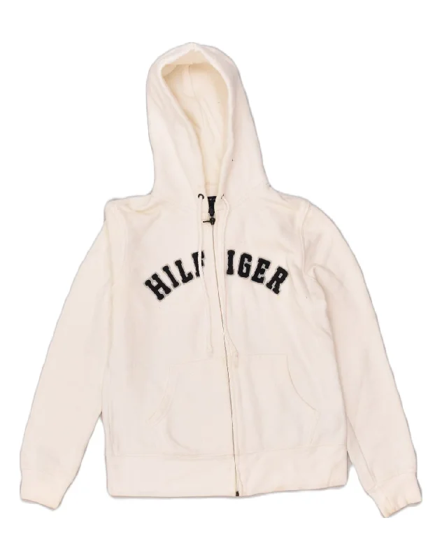 TOMMY HILFIGER Womens Graphic Zip Hoodie Sweater UK 10 Small White Cotton Herringbone Houndstooth Plaid TOMMY HILFIGER Womens Graphic Zip Hoodie Sweater UK 10 Small White Cotton Herringbone Houndstooth Plaid