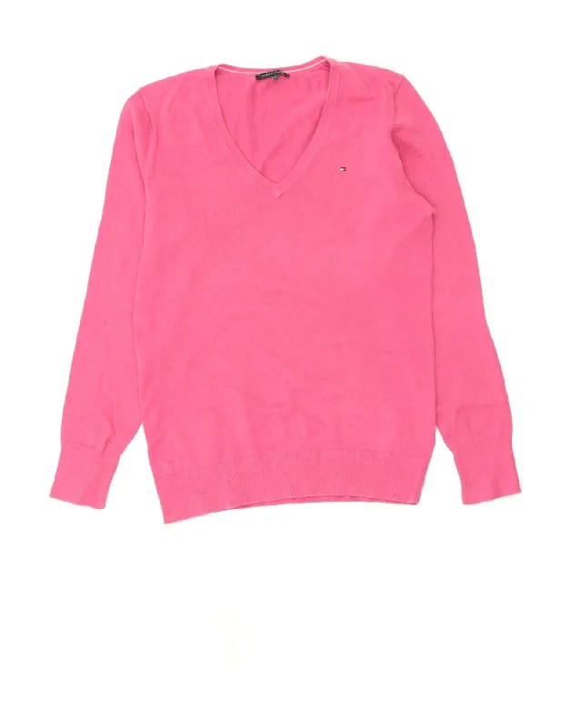 TOMMY HILFIGER Womens V-Neck Jumper Sweater UK 12 Medium Pink Cotton