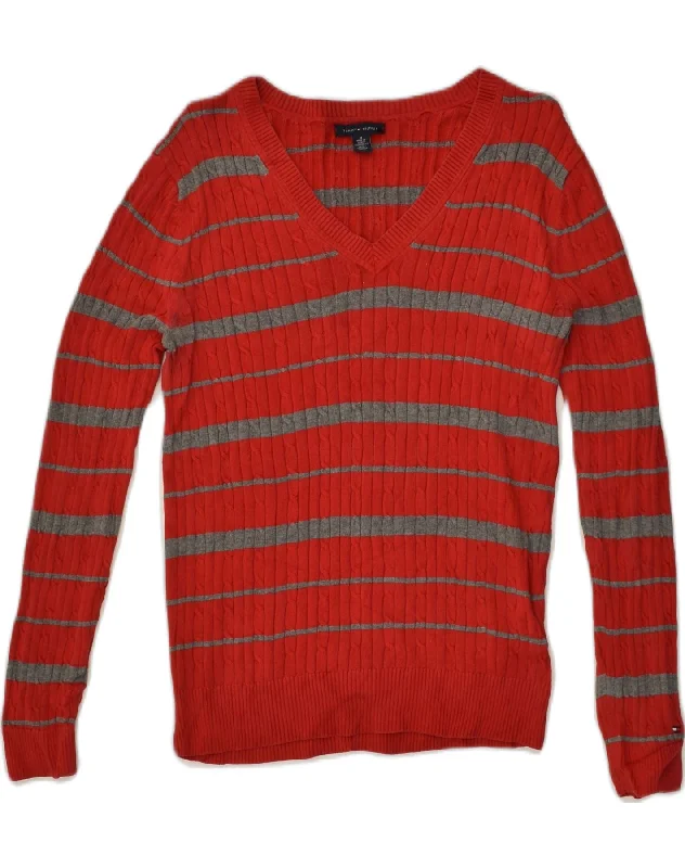 TOMMY HILFIGER Womens V-Neck Jumper Sweater UK 12 Medium Red Striped Ribbed Striped Patterned TOMMY HILFIGER Womens V-Neck Jumper Sweater UK 12 Medium Red Striped Ribbed Striped Patterned