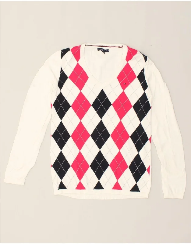 TOMMY HILFIGER Womens V-Neck Jumper Sweater UK 12 Medium White Nylon Fabric Polyester Fabric Spandex Fabric TOMMY HILFIGER Womens V-Neck Jumper Sweater UK 12 Medium White Nylon Fabric Polyester Fabric Spandex Fabric