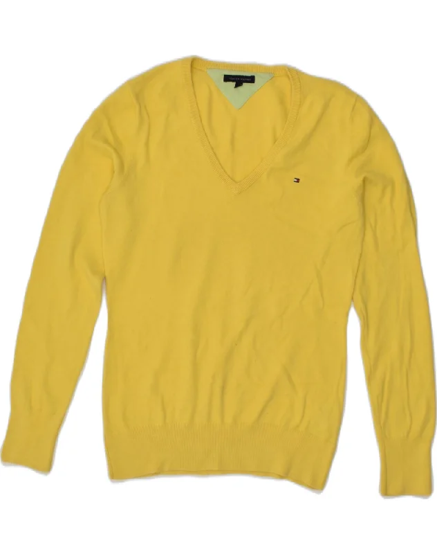 TOMMY HILFIGER Womens V-Neck Jumper Sweater UK 12 Medium Yellow Cotton Striped Floral Plaid TOMMY HILFIGER Womens V-Neck Jumper Sweater UK 12 Medium Yellow Cotton Striped Floral Plaid