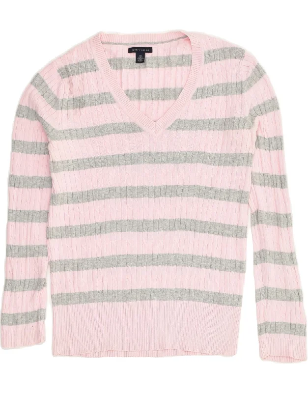 TOMMY HILFIGER Womens V-Neck Jumper Sweater UK 14 Large Pink Striped