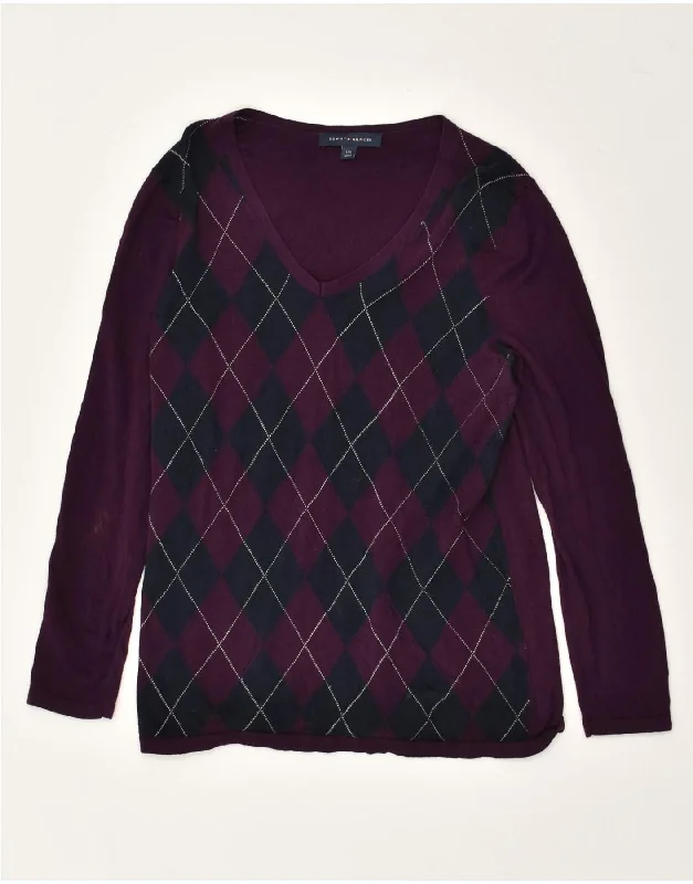TOMMY HILFIGER Womens V-Neck Jumper Sweater UK 14 Large Purple Soft Cozy Warm