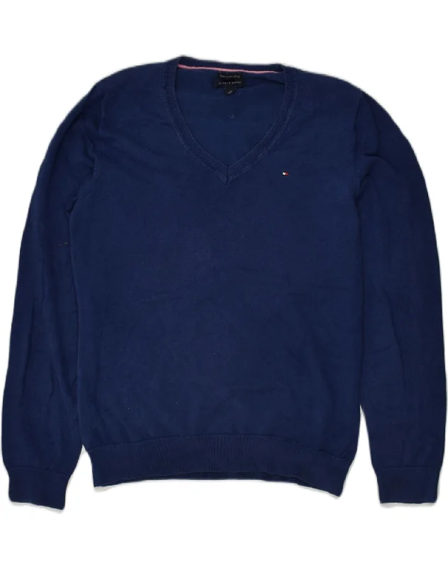 TOMMY HILFIGER Womens V-Neck Jumper Sweater UK 14 Medium Navy Blue Terry Blend Velvet Blend Canvas Blend TOMMY HILFIGER Womens V-Neck Jumper Sweater UK 14 Medium Navy Blue Terry Blend Velvet Blend Canvas Blend