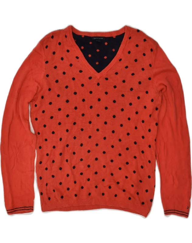 TOMMY HILFIGER Womens V-Neck Jumper Sweater UK 14 Medium Orange Polka Dot Chenille Blend Fleece Blend Nylon Blend TOMMY HILFIGER Womens V-Neck Jumper Sweater UK 14 Medium Orange Polka Dot Chenille Blend Fleece Blend Nylon Blend