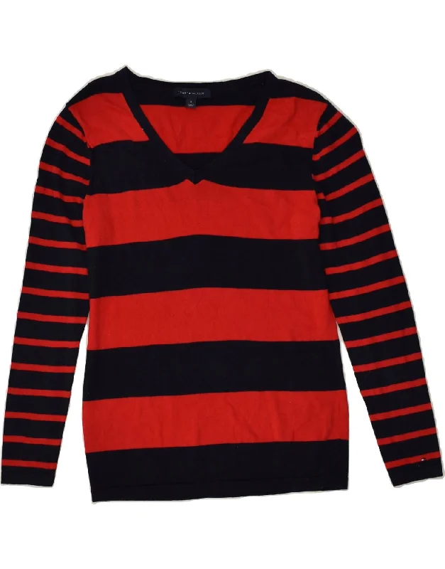 TOMMY HILFIGER Womens V-Neck Jumper Sweater UK 14 Medium Red Striped