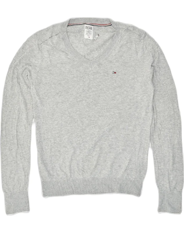 TOMMY HILFIGER Womens V-Neck Jumper Sweater UK 16 Large Grey Cotton Seamless Knitted Crochet TOMMY HILFIGER Womens V-Neck Jumper Sweater UK 16 Large Grey Cotton Seamless Knitted Crochet