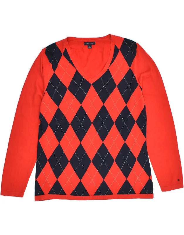 TOMMY HILFIGER Womens V-Neck Jumper Sweater UK 16 Large Red Argyle/Diamond