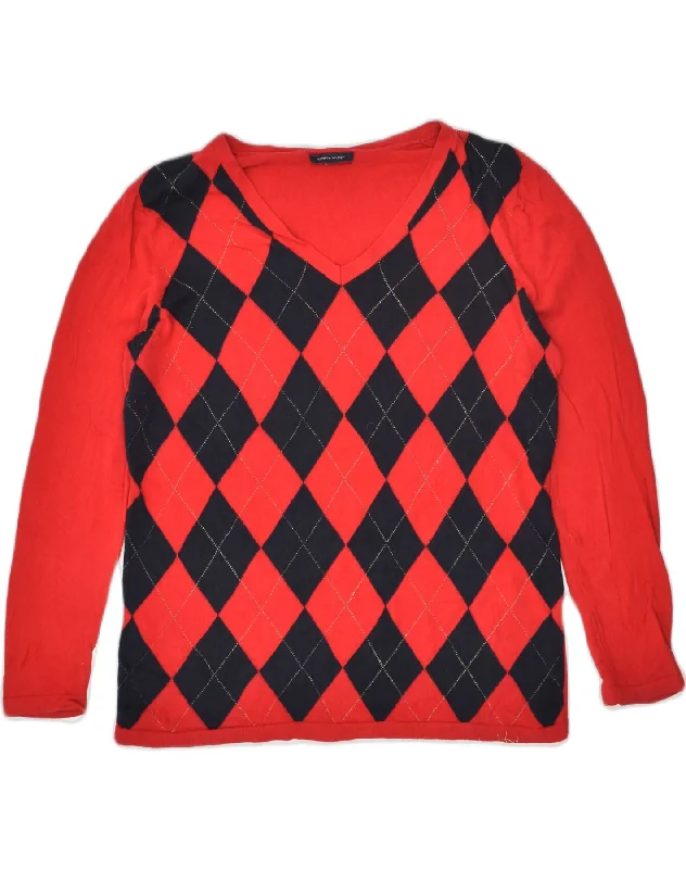 TOMMY HILFIGER Womens V-Neck Jumper Sweater UK 18 XL Red Argyle/Diamond Oversized Loose Flowy TOMMY HILFIGER Womens V-Neck Jumper Sweater UK 18 XL Red Argyle/Diamond Oversized Loose Flowy