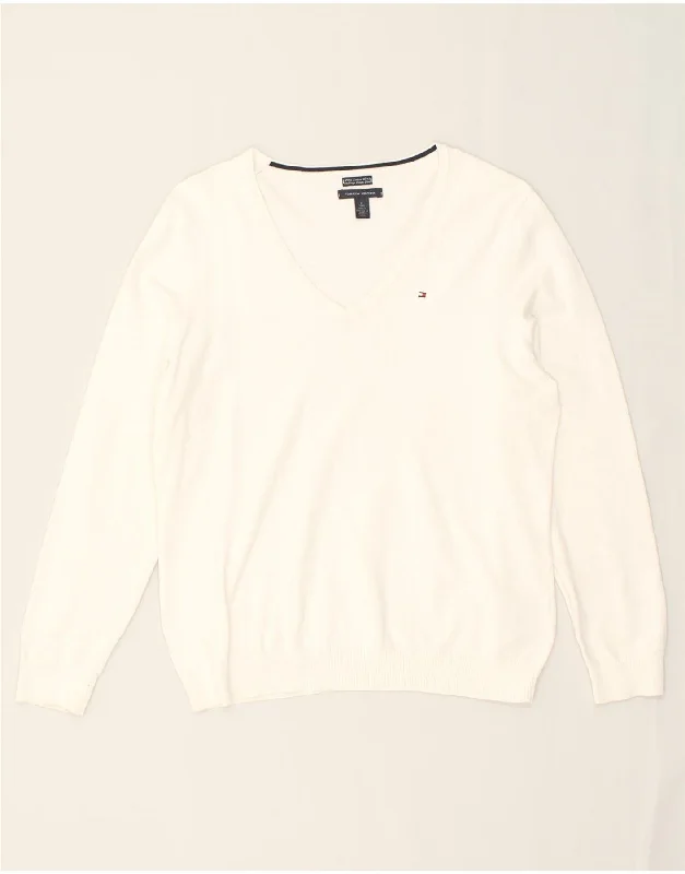 TOMMY HILFIGER Womens V-Neck Jumper Sweater UK 18 XL White Cotton