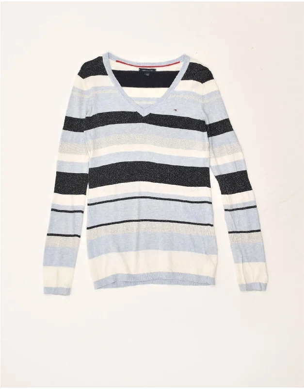 TOMMY HILFIGER Womens V-Neck Jumper Sweater UK 2 2XS Blue Striped Cotton Toggled Drawstring Belted TOMMY HILFIGER Womens V-Neck Jumper Sweater UK 2 2XS Blue Striped Cotton Toggled Drawstring Belted