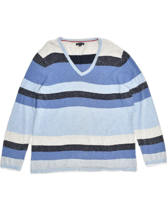 TOMMY HILFIGER Womens V-Neck Jumper Sweater UK 20 2XL Blue Striped Jersey Fabric Tulle Fabric Batik Fabric TOMMY HILFIGER Womens V-Neck Jumper Sweater UK 20 2XL Blue Striped Jersey Fabric Tulle Fabric Batik Fabric