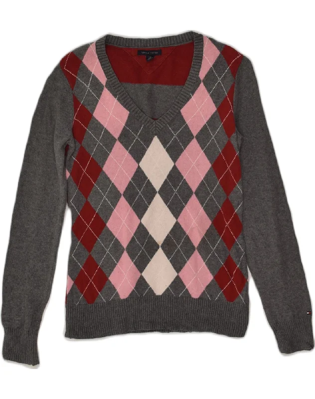 TOMMY HILFIGER Womens V-Neck Jumper Sweater UK 8 Small Grey Argyle/Diamond