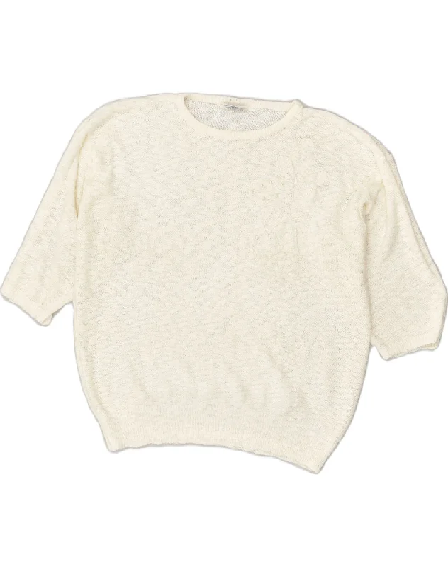 VINTAGE Womens 3/4 Sleeve Crew Neck Jumper Sweater IT 50/52 XL White Cable Knit Ribbed Knit Lace Knit VINTAGE Womens 3/4 Sleeve Crew Neck Jumper Sweater IT 50/52 XL White Cable Knit Ribbed Knit Lace Knit
