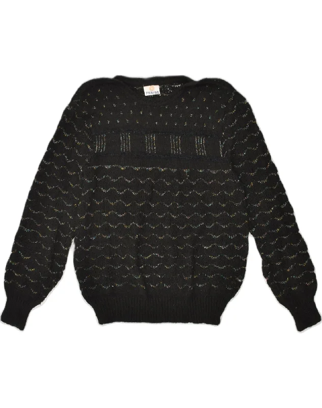 VINTAGE Womens Boat Neck Jumper Sweater UK 14 Medium Black Chevron Acrylic Fitted Slim Tailored VINTAGE Womens Boat Neck Jumper Sweater UK 14 Medium Black Chevron Acrylic Fitted Slim Tailored