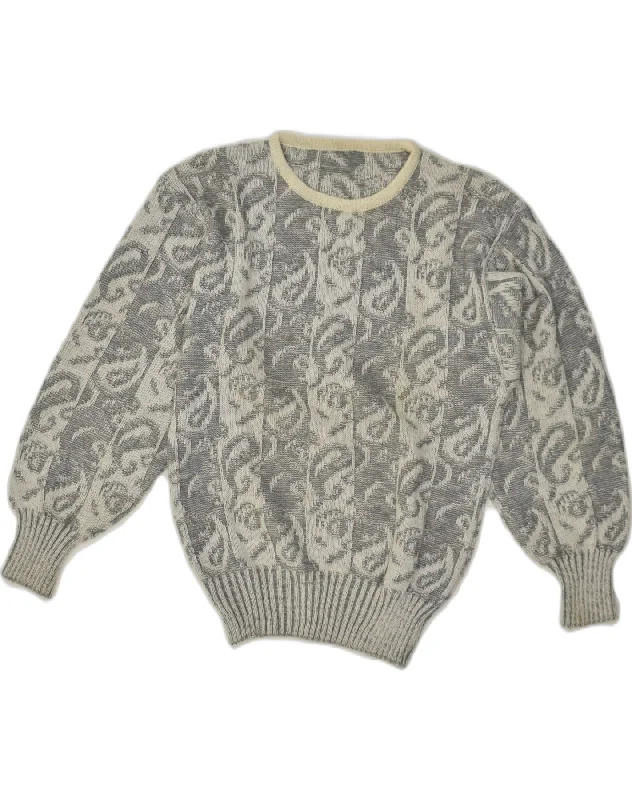VINTAGE Womens Crew Neck Jumper Sweater IT 44 Medium Grey Paisley Toggled Drawstring Belted VINTAGE Womens Crew Neck Jumper Sweater IT 44 Medium Grey Paisley Toggled Drawstring Belted