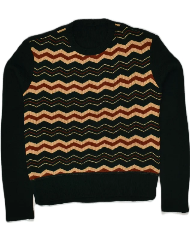 VINTAGE Womens Crew Neck Jumper Sweater UK 14 Large Black Chevron Print Jacquard Patchwork VINTAGE Womens Crew Neck Jumper Sweater UK 14 Large Black Chevron Print Jacquard Patchwork