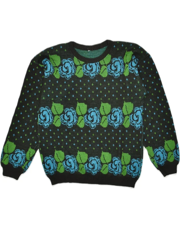 VINTAGE Womens Crew Neck Jumper Sweater UK 14 Large Green Floral Print Jacquard Patchwork VINTAGE Womens Crew Neck Jumper Sweater UK 14 Large Green Floral Print Jacquard Patchwork