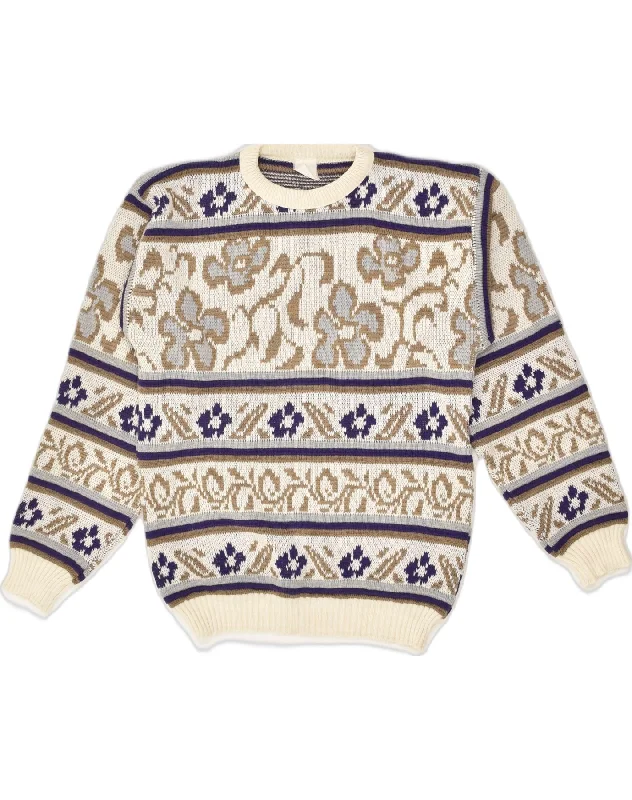 VINTAGE Womens Crew Neck Jumper Sweater UK 16 Large Beige Floral Solid Print Embellished VINTAGE Womens Crew Neck Jumper Sweater UK 16 Large Beige Floral Solid Print Embellished