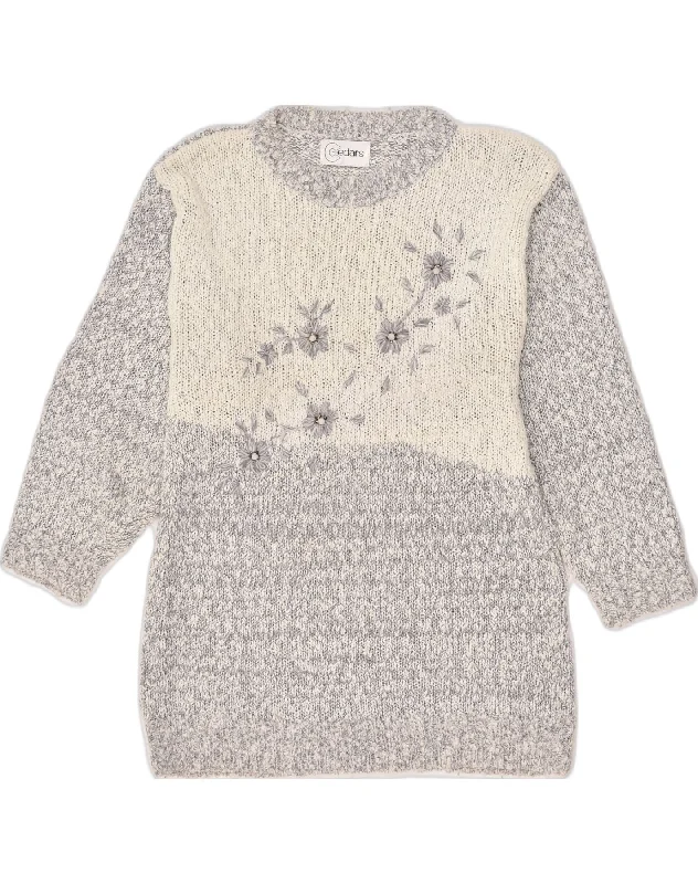 VINTAGE Womens Crew Neck Jumper Sweater UK 18 XL Grey Floral Glossy Satin Silk