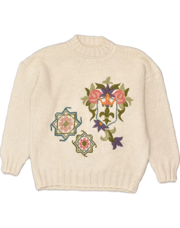 VINTAGE Womens Crew Neck Jumper Sweater UK 22 3XL Off White Floral Wool Cable Knit Ribbed Knit Lace Knit VINTAGE Womens Crew Neck Jumper Sweater UK 22 3XL Off White Floral Wool Cable Knit Ribbed Knit Lace Knit