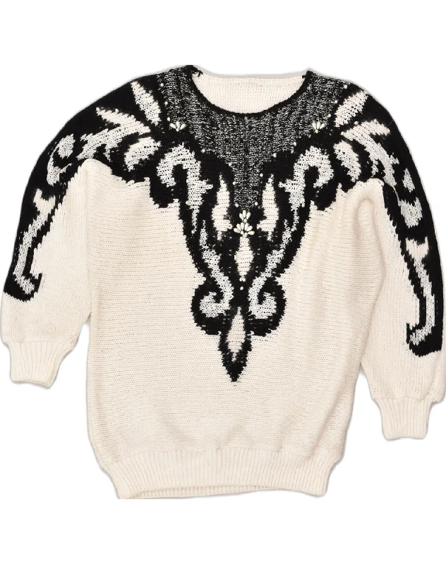 VINTAGE Womens Crew Neck Jumper Sweater UK 22 3XL White Colourblock Hooded Sweater Collared Sweater Shawl Collar
