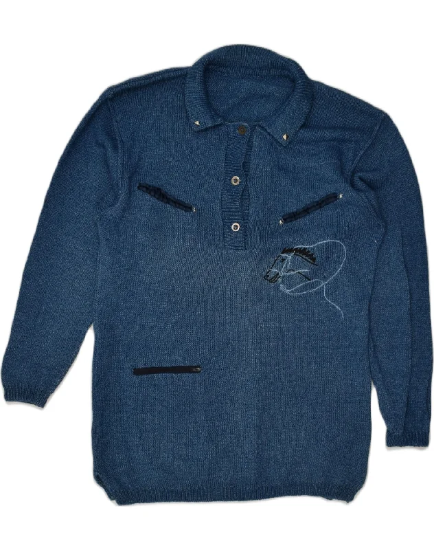 VINTAGE Womens Graphic Polo Neck Jumper Sweater UK 22 3XL Blue Cotton Stylish Fashionable Trendy VINTAGE Womens Graphic Polo Neck Jumper Sweater UK 22 3XL Blue Cotton Stylish Fashionable Trendy