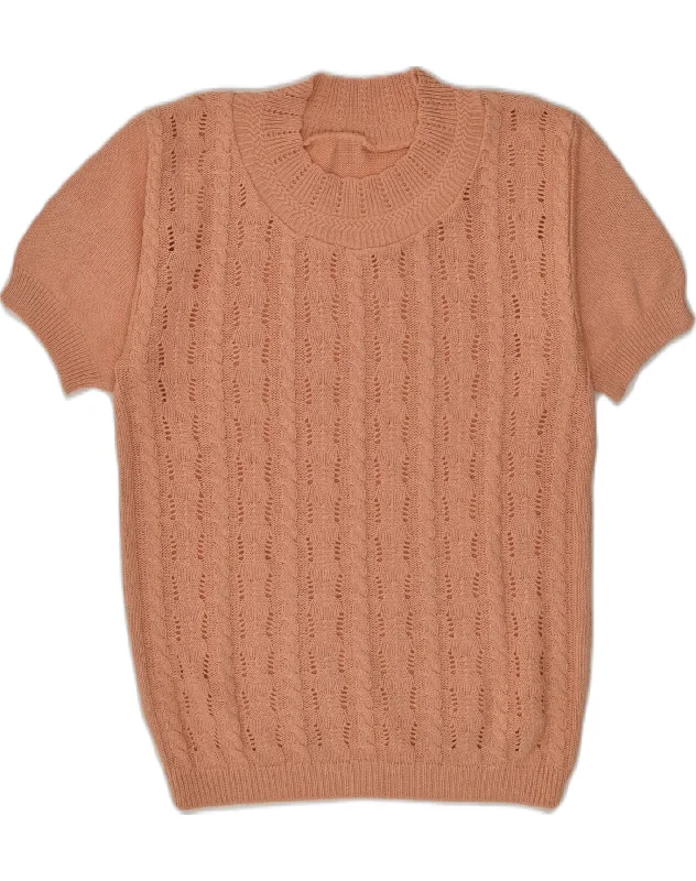 VINTAGE Womens Short Sleeve Crew Neck Jumper Sweater UK 12 Medium Brown Wool Fabric Cashmere Fabric Tweed Fabric VINTAGE Womens Short Sleeve Crew Neck Jumper Sweater UK 12 Medium Brown Wool Fabric Cashmere Fabric Tweed Fabric