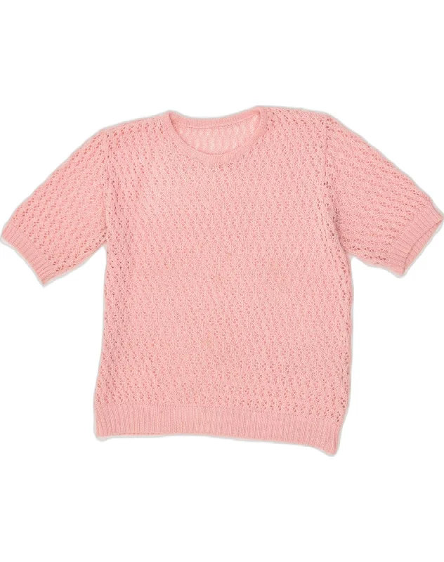 VINTAGE Womens Short Sleeve Crew Neck Jumper Sweater UK 18 XL Pink Fleece Fabric Down Fabric Feather Fabric VINTAGE Womens Short Sleeve Crew Neck Jumper Sweater UK 18 XL Pink Fleece Fabric Down Fabric Feather Fabric