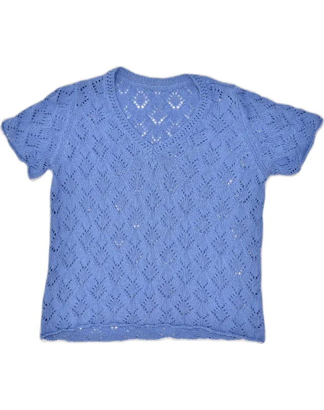 VINTAGE Womens Short Sleeve V-Neck Jumper Sweater UK 20 2XL Blue Velvet Chenille Corduroy VINTAGE Womens Short Sleeve V-Neck Jumper Sweater UK 20 2XL Blue Velvet Chenille Corduroy