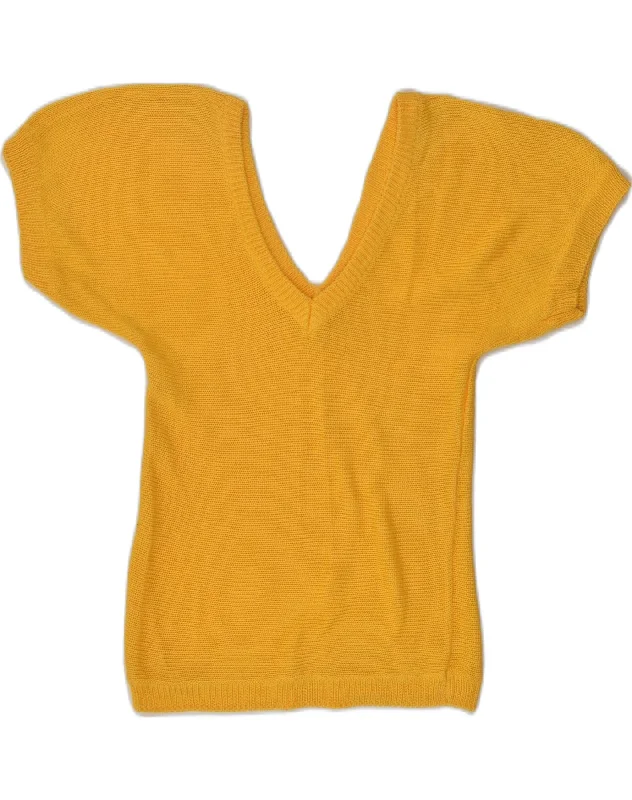 VINTAGE Womens Short Sleeve V-Neck Jumper Sweater UK 4 XS Yellow Fitted Slim Tailored VINTAGE Womens Short Sleeve V-Neck Jumper Sweater UK 4 XS Yellow Fitted Slim Tailored