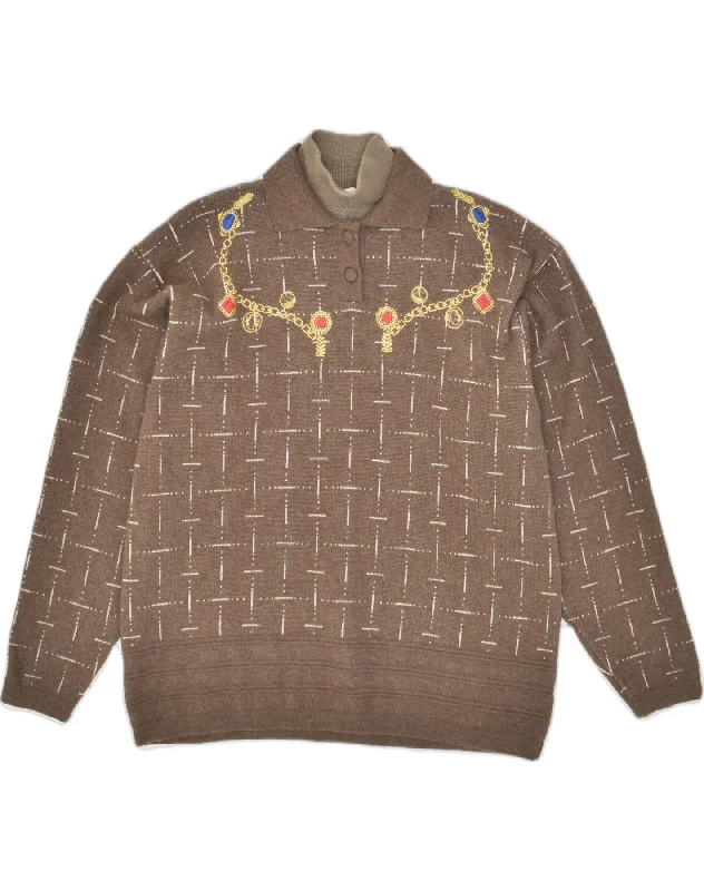 VINTAGE Womens Turtle Neck Jumper Sweater UK 18 XL Brown Check Wool Toggled Drawstring Belted VINTAGE Womens Turtle Neck Jumper Sweater UK 18 XL Brown Check Wool Toggled Drawstring Belted