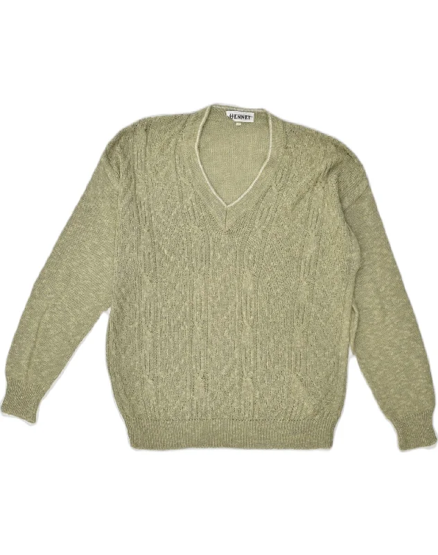 VINTAGE Womens V-Neck Jumper Sweater EU 48 2XL Green Mesh Blend Leather Blend Suede Blend VINTAGE Womens V-Neck Jumper Sweater EU 48 2XL Green Mesh Blend Leather Blend Suede Blend
