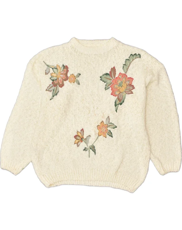 VINTAGE Womens V-Neck Jumper Sweater IT 52/54 2XL White Floral Polyacrylic Notch Collar Peter Pan Collar Cowl Neck VINTAGE Womens V-Neck Jumper Sweater IT 52/54 2XL White Floral Polyacrylic Notch Collar Peter Pan Collar Cowl Neck