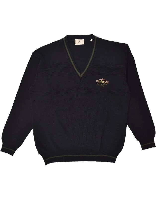 VINTAGE Womens V-Neck Jumper Sweater IT 54 3XL Navy Blue Wool