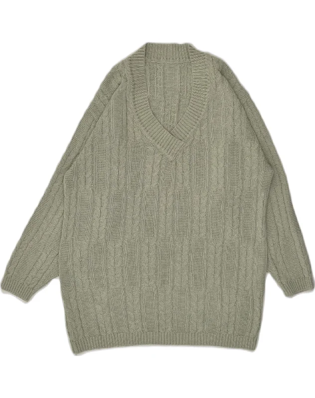 VINTAGE Womens V-Neck Jumper Sweater UK 14 Large Green Cotton Oversized Loose Flowy
