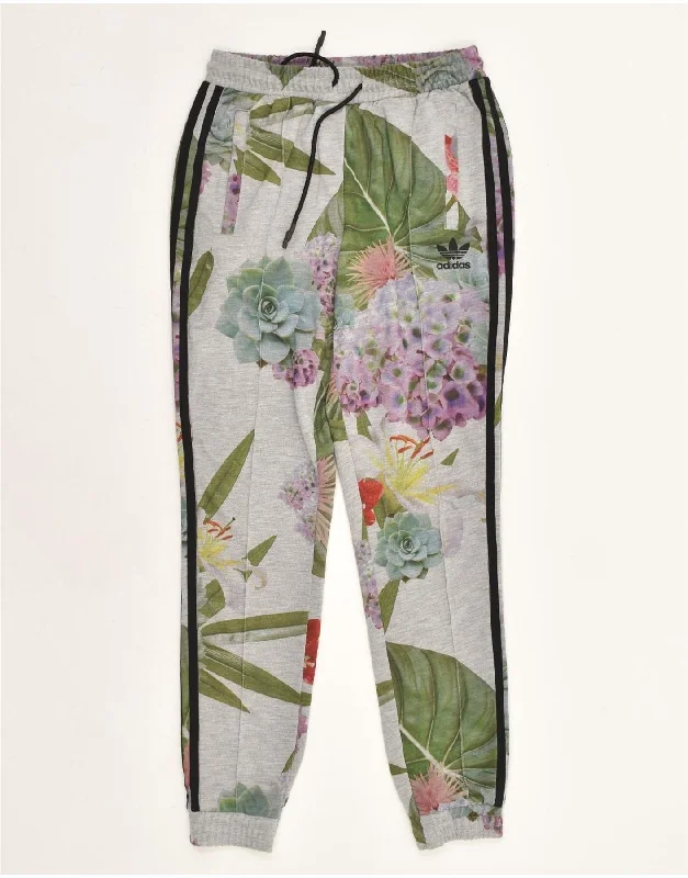ADIDAS Womens Tracksuit Trousers Joggers UK 4 XS Grey Floral Polyester Trousers Versatile Stylish