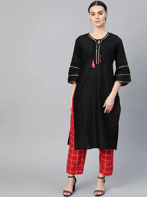 Women'S Black & Red Solid Kurta With Trousers